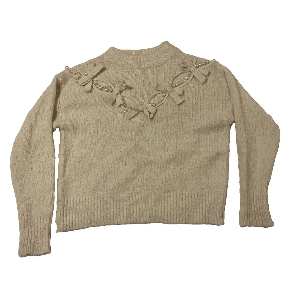 LC Lizette Collection Sweater Top Womens M Ivory Pearl And Bows Ribbed Knit